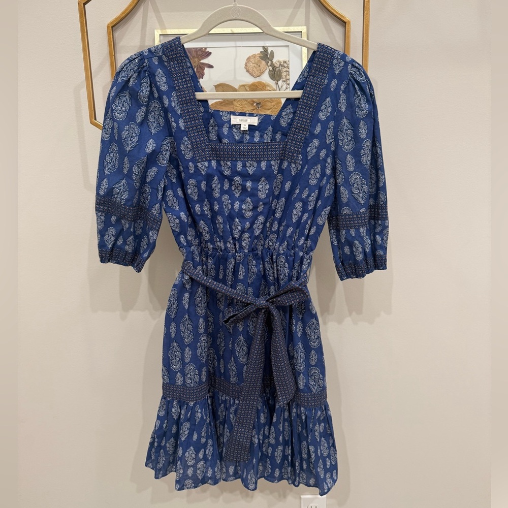 Blue and White Patterned Dress with Trim